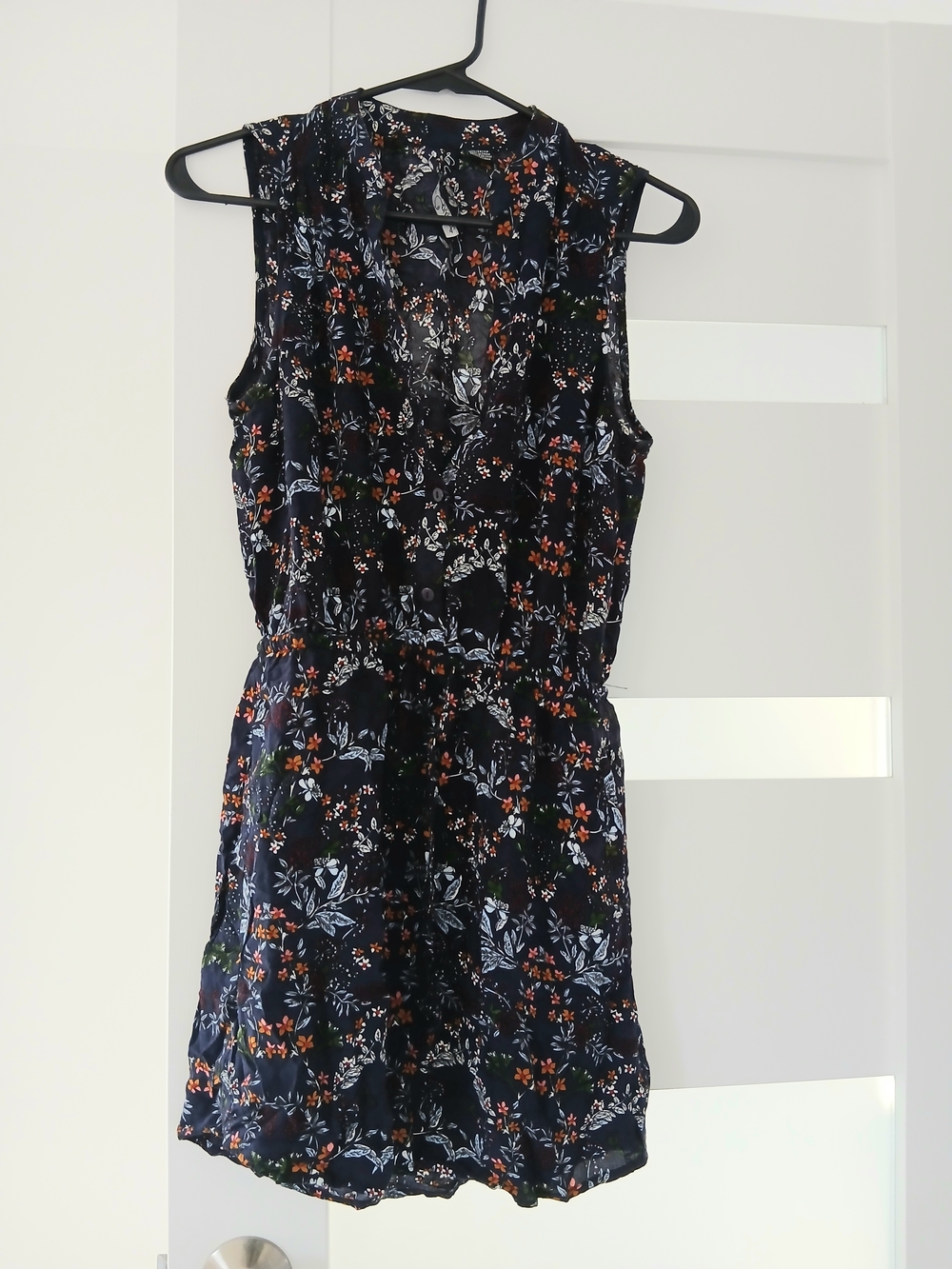 Navy Floral Sleeveless Minidress with Orange & White Accents